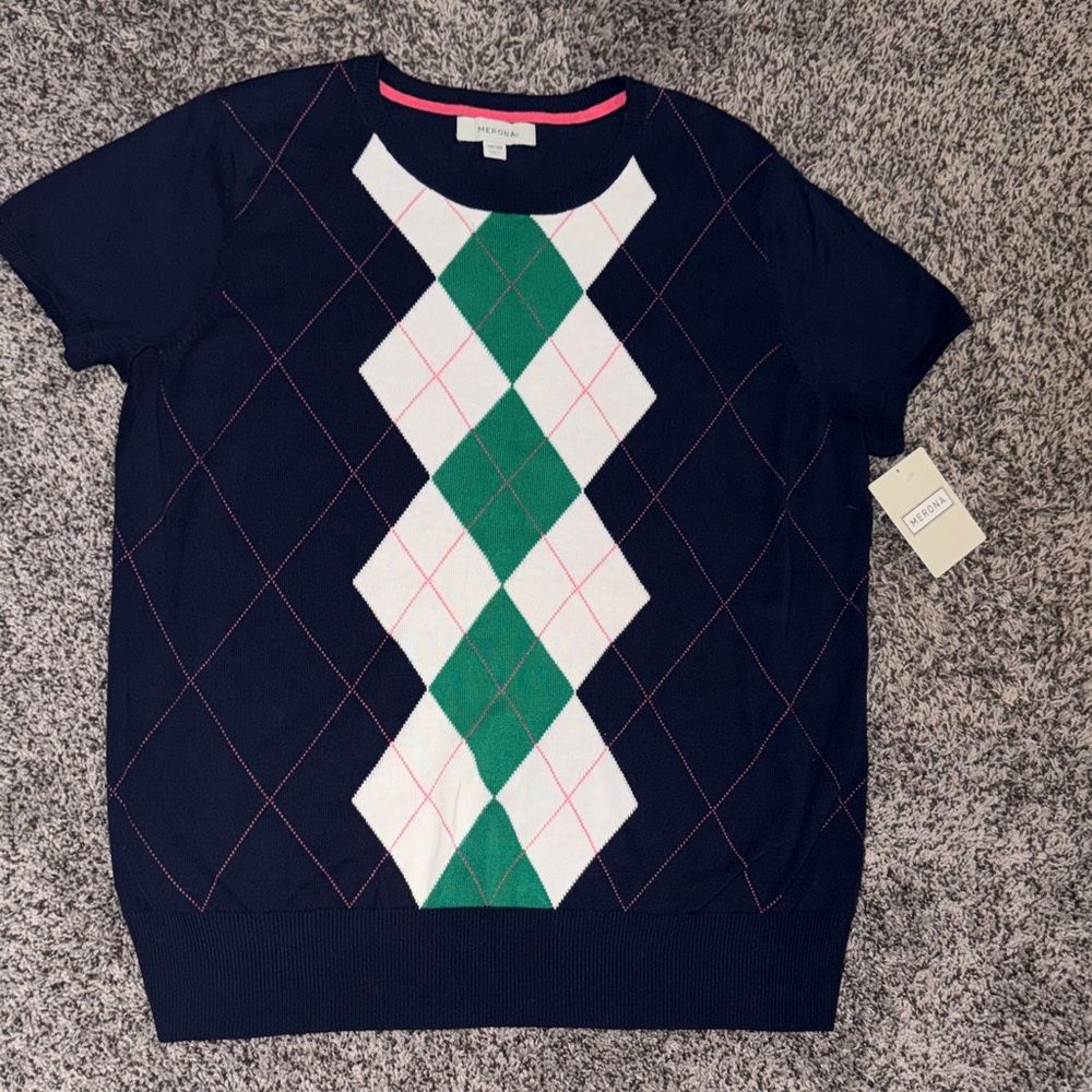 NWT Merona Navy Sweater with Green and White Argyle